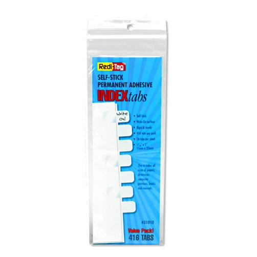Redi-Tag, RTG31010, Permanent Stick Write-On Index Tabs, 416 / Pack, White, 416 Tabs