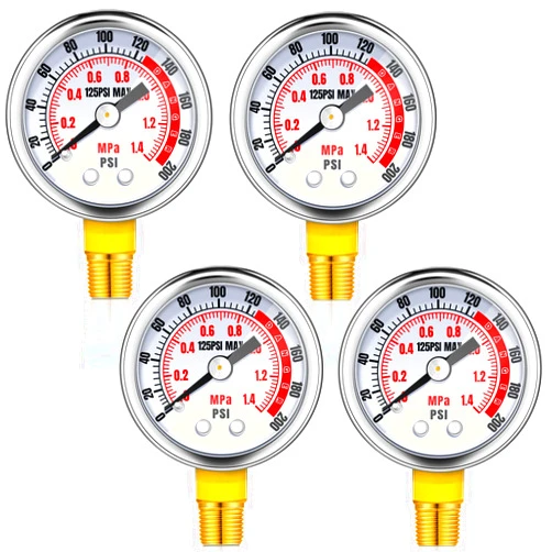 Xuhal 4 Pcs 0-200 PSI Air Pressure Gauge - 1/8'' Male NPT Connection, Lower Side Mount, 1.57 Inch Dial Air Compressor Gauge - Waterproof, Stainless Steel Case