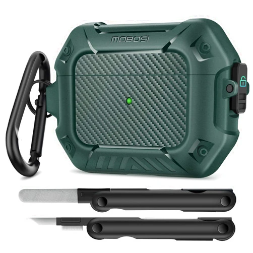 MOBOSI for AirPod Pro Case with Cleaner Kit, Compatible with Airpods Pro 2 Case Cover 1st/2nd Generation with Lock & Keychain, Full Body Shockproof Protective Case (2023/2022/2019), Green