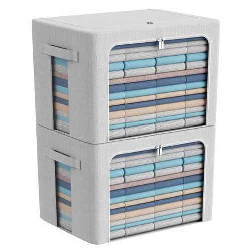 CYhom Clothes Storage Bins Box - Foldable Stackable Container Organizer Set with Clear Window & Carry Handles & Metal Frame - 2Pack Large Capacity for Bedding, Blankets, Books