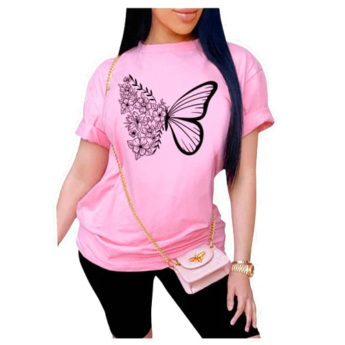 RoseSeek Women's Butterfly Print Short Sleeve T-Shirt Crew Neck Casual Cute Graphic Tees