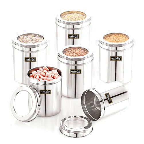 NATULIX 1 Kg Stainless Steel Containers for kitchen with See Through Lid | Kitchen Containers Set | Silver (1250ml - 6pcs) Food Grains Capacity - 1kg Approx