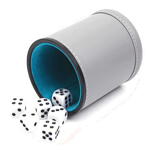 AdnesUSA Dice Felt Lined PU Leather Dice Cup with 6 Dice, Felt Lined Interior Quiet Shaker for Yahtzee Game (Gray)