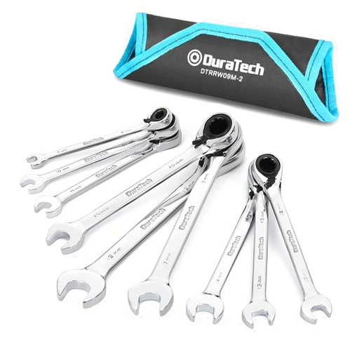 DURATECH Reversible Ratcheting Combination Wrench Set, Metric, 9-Piece, Open end Spanner with Rolling Pouch, 8 mm to 19 mm, 12 Point, CR-V Steel