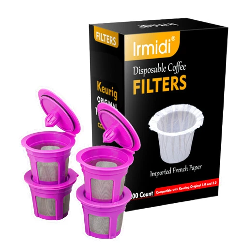 Irmidi 100 Count Disposable Coffee Paper Filters with 4 Pack Reusable K Cup Coffee Pods,Compatible with Keurig Brewers Single Serve 1.0 and 2.0, (100 count+4 k cups)