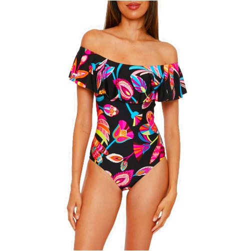 Trina Turk Womens Ruffle One Piece Swimsuit, Off Shoulder, Bathing Suits for Women