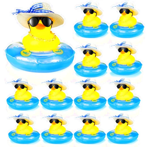 Honoson Summer Rubber Duck Mini Yellow Duck Bath Toys Duckies Car Dashboard Decorations with Mini Sun Hat Swim Ring Necklace and Sunglasses for Bathtub Shower Birthday Swimming (24 Set)