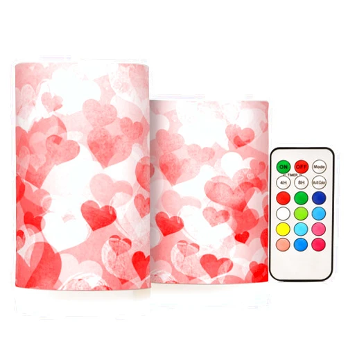 JULYTO Valentine's Day Hearts Flameless Candles with Remote and Timer Pillar Candles Set of 2 Flickering Led Battery Operated Candles for Home Holiday Party Wedding Decor