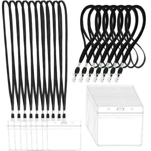 LOCONHA 100Pcs Clear Plastic Horizontal Name Tags Badge ID Card Holders and 100Pcs Black Lanyards with Clip lanyards for id Badges (Black)