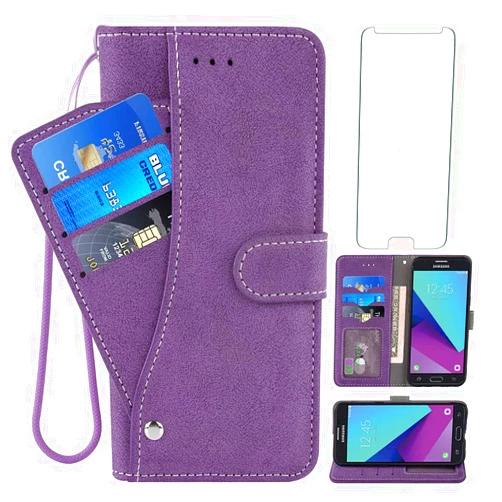 Asuwish Phone Case For Samsung Galaxy J7 Prime 2017 J 7 Skypro Sky Pro J7V V S727VL Halo 7J Perx J7prime Wallet Case and Tempered Glass Screen Protector Flip Credit Card Holder Stand Cell Cover Purple