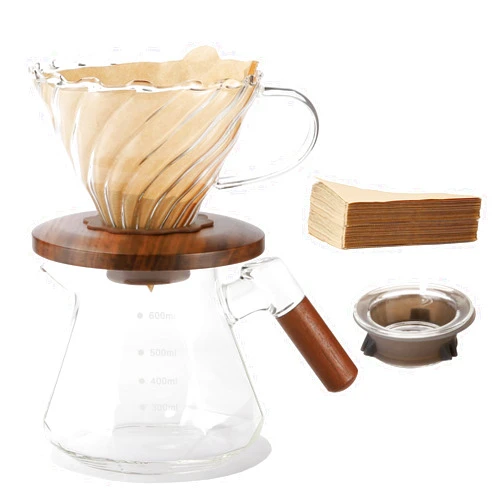 Lalord Pour Over Coffee Maker, 20 oz Borosilicate Glass Set with 100 pcs V60 Paper Filter, Coffee Dripper with Walnut Collar, Coffee Pot with Glass Lid, 1-3 Cups, Clear, (600 ml)