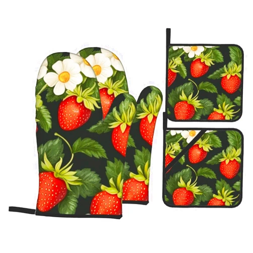 Xukor 4 Pcs Oven Mitts and Pot Holders Sets, Strawberry Daisy Flower (8) Kitchen Heat Resistant Oven Gloves and Potholders for Cooking Baking Grilling BBQ
