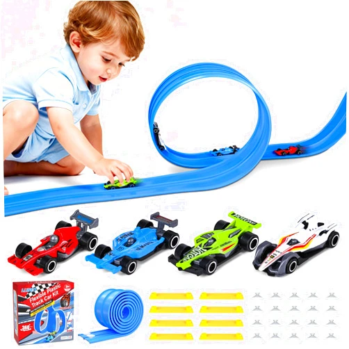 YHXKJ Plastic Flexible Race Car Track for Kids Toy with 20 Suction Cups & 8 Yellow Gasket Compatible with 4 Alloy Diecast 1:64 Cars Toys,13FT Rolls Up Portable Flex Track Racetrack Toy for 3 Up Years Old