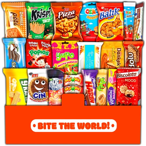 Bite the World! Maxi International Snack Box from around the World - Variety of Tasty Unique Foreign Munchies, Sweets and Candies - 21 Full-Size Pack including Exotic Treats in a Crate - Global Edition