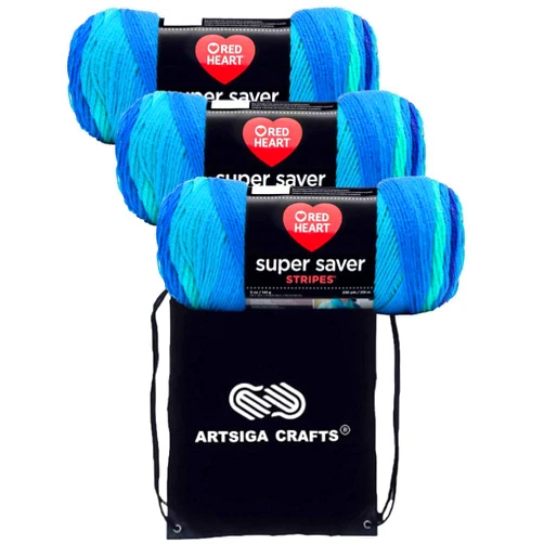 Red Heart Super Saver Cool Stripe E300-4967 (3-Skeins - Same Dye Lot) Worsted Medium #4 Acrylic Yarn for Crocheting and Knitting with Project Bag