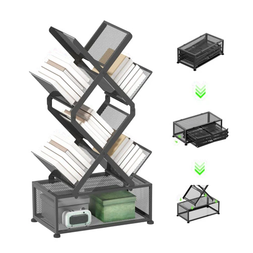 Gintan 6-Tier Corner Bookshelf with Storage,Desk Book Shelf,Bedroom Shelves Folding Bookshelves,No Installation Required Shelf Tree Bookcase for Living Room,Study,Home Office,Bed Room (Black)