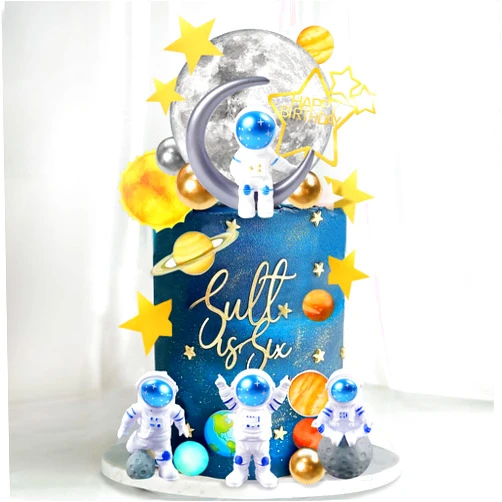 DRWATE 34 PCS Space Cake Toppers - Outer Astronaut Figurines, Planet Satellite Balls and Stars for Kids Theme Birthday Party Supplies Baby Shower Decorations