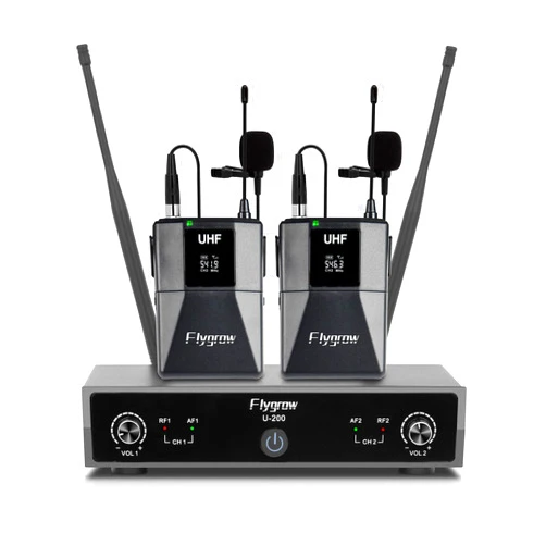 Flygrow Dual Channel UHF Wireless Microphones System with Lavalier Lapel Mics, Bodypack Transmitter,250ft Range for Live Singing Karaoke Church Party DJ PA Speaker(2 Bodypack)