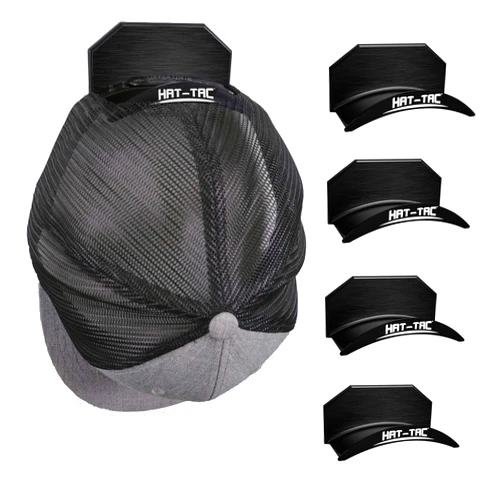 HAT-TAC Wall Hat Rack Organizer (4-Pack) Made in USA Patented Baseball Cap Multi-Purpose Curved Shelf Hanger for Door, Closet, Office, Bedroom, Sturdy Clip Decor Mount System (Brushed Metal)