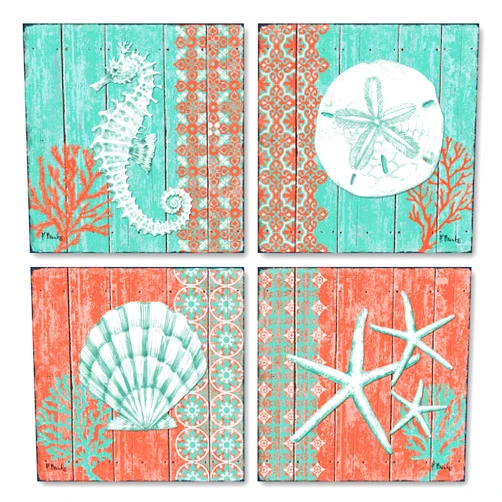 Gango Home Décor 4 Lovely Teal and Coral Ocean Seashell Sand Dollar Seahorse Star Fish Collage; Nautical Decor; Four 8x8 Inch Mounted Prints; Ready to hang!