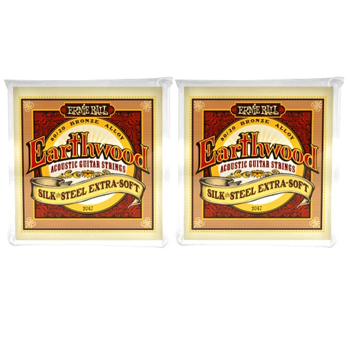 ErnieBall. Ernie Ball 2047 Earthwood Silk and Steel Extra Soft Acoustic Strings 10-50 2 Pack Bundle
