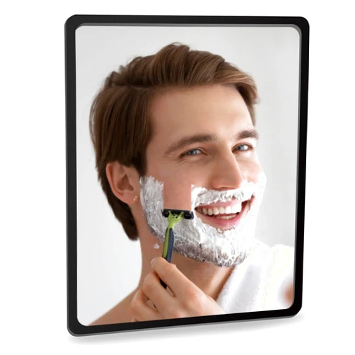 YoHumk Fog Free Shower Mirror (9 * 7 inch) 3M Adhesive Anti-Fog Bathroom Wall Mirror, Fogless Shower Makeup Mirror for Shaving, Shatterproof Glassless Child Safe Mirror (Rectangular Black Frame)