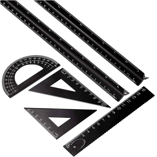 Leinuosen 6 Pcs Triangular Ruler Set Aluminum Architect Ruler Engineering Scale 12 Inch Drafting Ruler Metal Protractor Triangle Ruler for Students Draftsman Engineers Metric(Black)