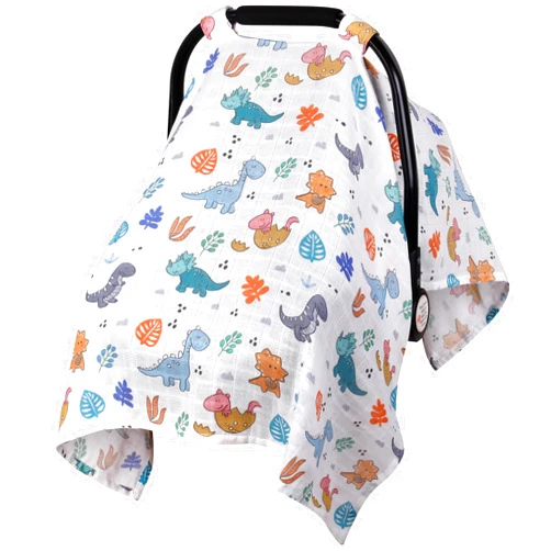 Rquite Car Seat Cover Baby,Muslin Carseat Covers Baby Boys Girls, Soft Breathable Infant Carseat Canopy Summer, Lightweight Baby Carrier Cover, Fit Summer Hot Days/Warm Weather(Colorful Dinosaurs)
