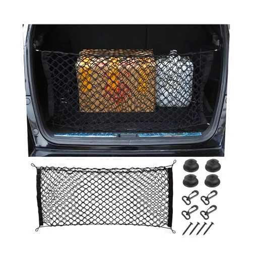 KHGUZ Car Rear Cargo Net, Adjustable Elastic Automotive Trunk Organizer Mesh Pouch Bag, Stretchable Cargo Storage Net, Vehicle Interior Accessories, Universal for RV, SUV, Truck (Large)