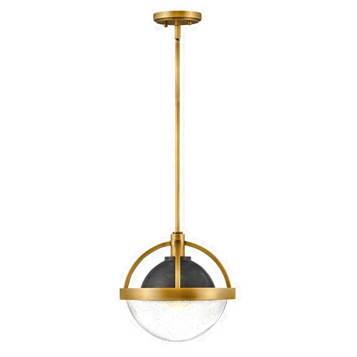Hinkley Watson Medium Pendant - Mid-Century Modern, Clear Seedy Glass Globe, Adjustable Height - Heritage Brass with Slate Bronze Accents