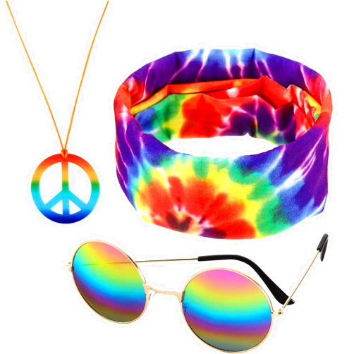 Frienda 3 Pcs Hippie Accessories Costume 70s Tie Dye Rainbow Leopard Outfits, Hippie Headbands for Men Peace Sign Necklace Sunglasses, Rainbow Style