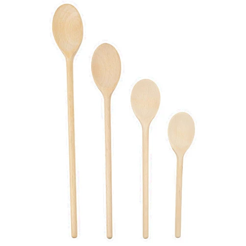 BICB Wooden Cooking Oval Spoons - 8”, 10”, 12”, 14” Long Mixing Set - Solid Beechwood Cookware - Perfect for Stirring, Mixing, Tasting, & Serving Food - Pack of 4, Rustic Brown Color