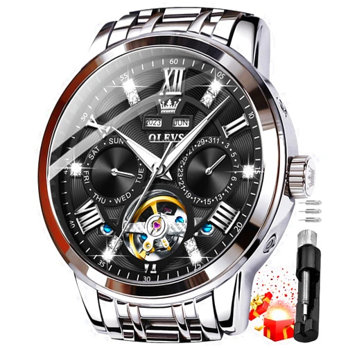OLEVS Mens Automatic Watches Gold Luxury Diamond Dress Self Winding Mechanical Skeleton Tourbillon Stainless Steel Wrist Watch