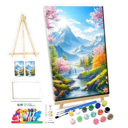 JOOZ Landscape Paint by Number for Adults with Easel Beginners Mountain Waterfall Paint by Numbers for Adults with Frame on Canvas DIY Digital Oil Painting for Home Wall Decor Gifts 7.87x11.81 Inch