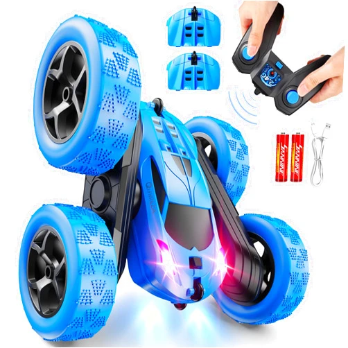 QUNREDA Remote Control Car, RC Cars Toys for Kids Ages 6-12, 4WD Stunt Car with LED Lights & 360° Flips, 2.4GHz, Upgraded USB-C Modular Batteries, for 8-10 Year Old Boys 1-Blue