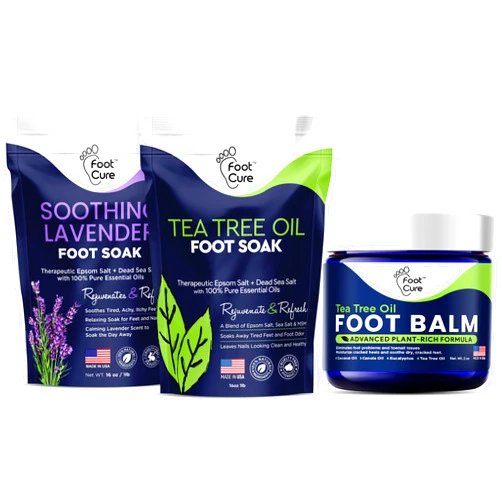 FOOT CURE Tea Tree Oil & Soothing Lavender Foot Soak with Epsom Salt - Best Toenail Treatment & Softens Calluses - Soothes Sore & Foot Moisturizer Balm For Dry Cracked Fee