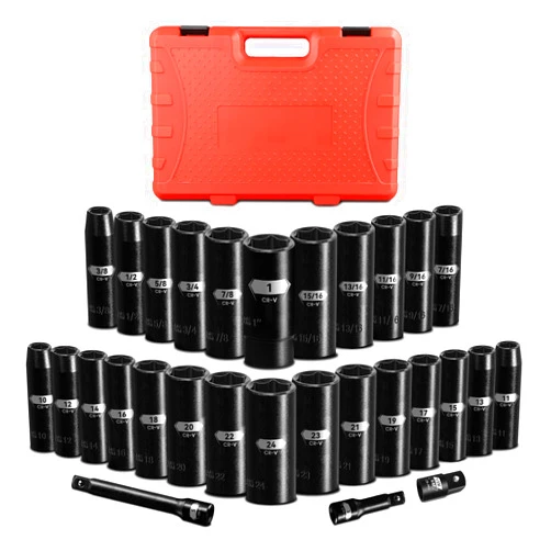 Pgroup 29-Piece 1/2 Inch Drive Deep Impact Socket Set, Standard 6 Point SAE and Metric Sizes (3/8