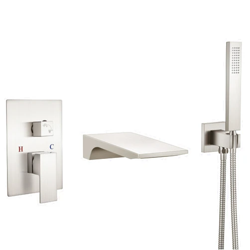 Aolemi Wall Mount Bathtub Faucet Bath Tub Faucet Set Waterfall Tub Filler with Handheld Sprayer Single Handle Solid Brass Rough-in Valve,with Straight Spout,Brushed Nickel