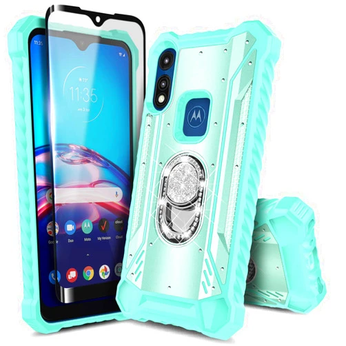 E-Began Moto E 2020 Case with Screen Protector (Tempered Glass Full Coverage), Aluminum Magnetic Metal Built-in Diamond Ring Holder Stand, Full-Body Protective Case for Motorola Moto E (2020) -Teal