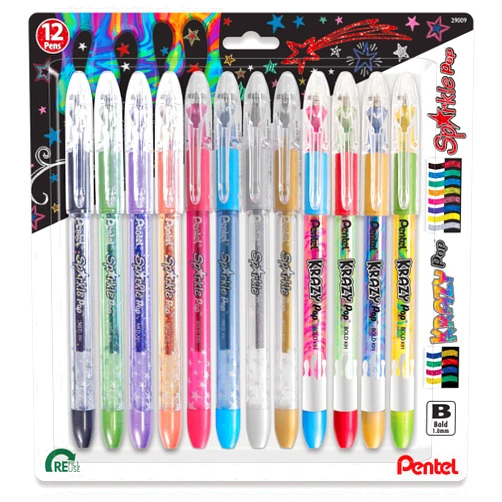 Pentel Sparkle and Krazy Pop, Metallic Gel Ink Pen, (1.0mm), Bold Line, Assorted Ink Colors, Pack of 8 (K91BP12M)