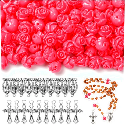 Sureio 140 Pcs Rosary Making Supplies Carved Rose Beads Flower Beads Kit Cross Centerpiece Crucifix Medal, Silver Jesus Maria Pendant for Bracelet Necklace(Pink)