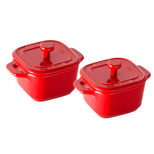 Staub 40511-098 Square Cocotte Pair, Cherry, 3.1 inches (8 cm), Set of 2, Ceramic, Heat Resistant, Storage Container, Microwave Safe