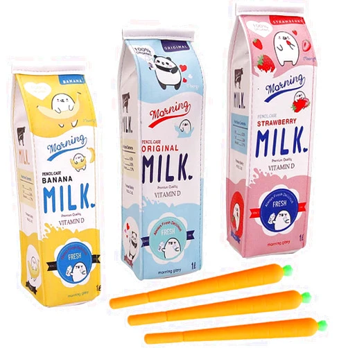 NYKKOLA Kawaii Set of 3 Milk Carton Pencil Cases Cosmetic Bag + 3 Carrot Gel Ink Pens