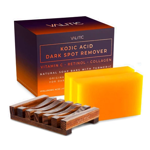 Valitic Kojic Acid Dark Spot Remover Soap Bar with Vitamin C, Retinol, Collagen, Turmeric - Original Japanese Complex - Hyaluronic Acid, Vitamin E, Shea Butter, Castile Oil ( 2 Pack ) With Soap Holder 2 Pack + Holder
