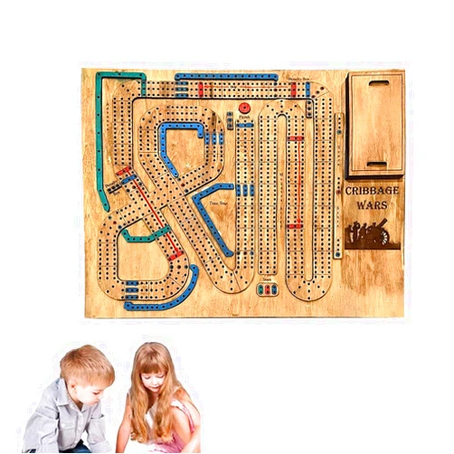Generic 1 Pcs Cribbage Wars Board Game (17.72 x 13.78 inch) Cribbage War Game Wooden Cribbage Board Game Set with Built-in Storage Compartment for Cribbage Pegs and Cards Family Games for Kids and Adults
