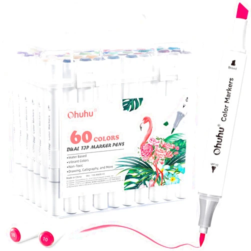 Ohuhu Markers Brush Chisel Tip: Water-Based 60 Colors Double Tipped Art Markers for Adults Coloring Books Kids Calligraphy Drawing Sketching Bullet Journal with 1 Colorless Blender and Case