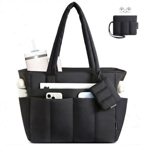 LOVEVOOK Puffer Tote Bag for Women Quilted Work Tote Handbags with Zipper 15.6 inch Teacher Nurse Bags for Office