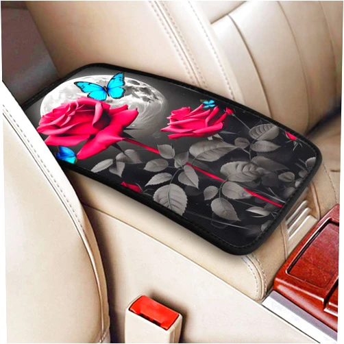 Indokyeyqaz Universal Car Center Console Cushion Pad, Moonlight Blue Butterfly Rose Soft Waterproof Car Center Console Cover Auto Armrest Seat Box Cover Protector for Most Vehicle SUV Truck Car