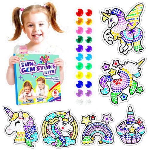 BASIFA 6 Sheets Diamond Window Art Craft Kits for Kids Ages 6 7 8 9 10, Rainbow Cake DIY Suncatcher Diamond Sticking Kit for Girls & Boys Ages 6+ Gemstone Sticker for Party Decoration