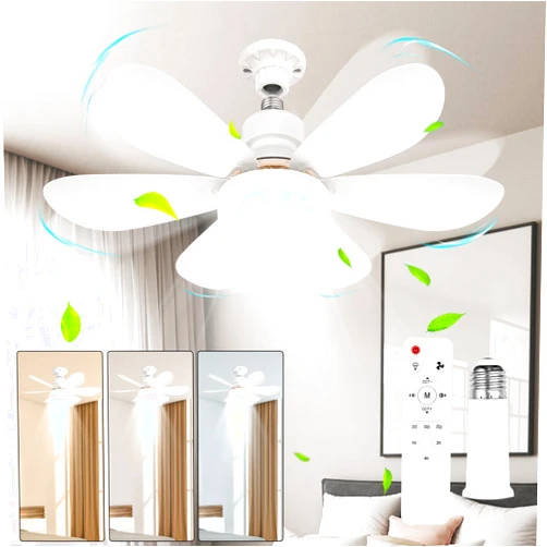 Ktinnead Socket Fan Light, E26/E27 Socket Fan Light with Remote, 3 Colors 3000K-6500K Ceiling Fan with Light, Low Profile Ceiling Fan with Light for Kitchen, Bedroom, Dining Room, Miscellaneous Room